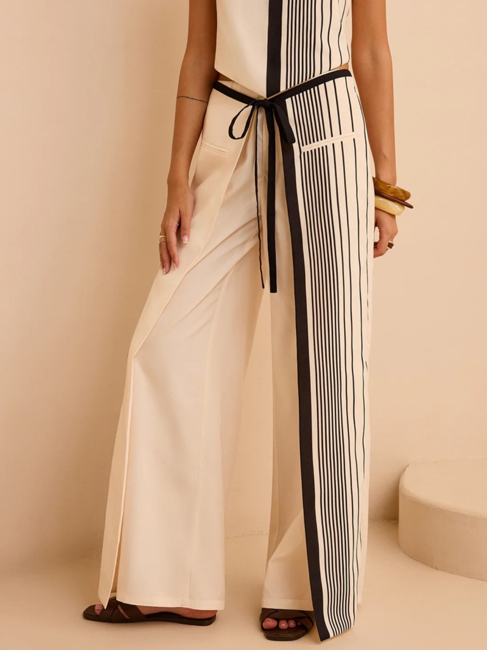 Commense Striped Low Waist Wrap Pants in Peach